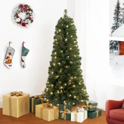 Pre-Lit Christmas Trees*The Holiday Aisle Slim Pre-Lit Artificial Christmas Tree, Green Pine Fir Warm Lighted Christmas Tree With Metal Stand