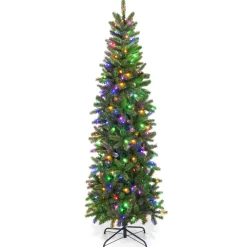 Pre-Lit Christmas Trees*The Holiday Aisle ® 6Ft Hinged Pre-Lit Christmas Slim Pencil Tree W/ 10 Lighting Modes & 648 Tips
