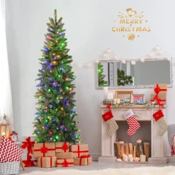 Pre-Lit Christmas Trees*The Holiday Aisle ® 6Ft Hinged Pre-Lit Christmas Slim Pencil Tree W/ 10 Lighting Modes & 648 Tips