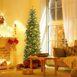 Pre-Lit Christmas Trees*The Holiday Aisle ® 6Ft Hinged Pre-Lit Christmas Slim Pencil Tree W/ 10 Lighting Modes & 648 Tips