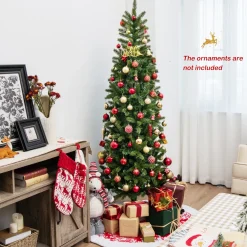 Pre-Lit Christmas Trees*The Holiday Aisle ® 6Ft Hinged Pre-Lit Christmas Slim Pencil Tree W/ 10 Lighting Modes & 648 Tips
