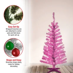 Pre-Lit Christmas Trees*Hashtag Home Tinsel Trees 4' Pink Artificial Christmas Tree With 70 Clear/White Lights