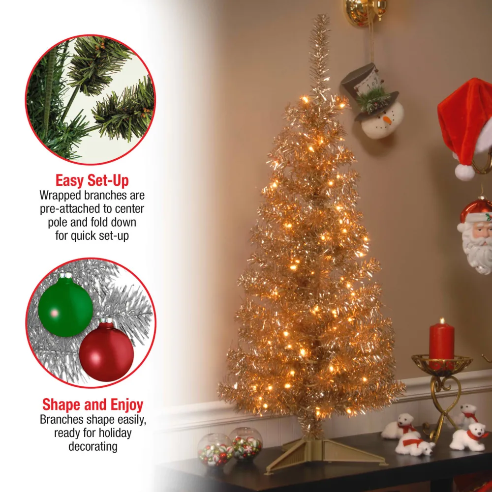 Pre-Lit Christmas Trees*The Holiday Aisle Tinsel Trees Champagne Pine Artificial Christmas Tree With 150 Clear/White Lights