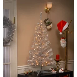 Pre-Lit Christmas Trees*Hashtag Home Tinsel Trees Silver Pine Artificial Christmas Tree With Clear Lights