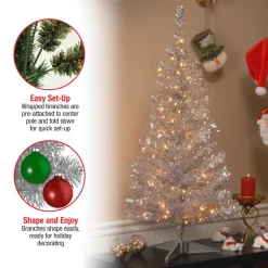 Pre-Lit Christmas Trees*Hashtag Home Tinsel Trees Silver Pine Artificial Christmas Tree With Clear Lights