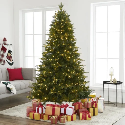 Pre-Lit Christmas Trees*The Holiday Aisle Traditional Prelit Artificial Christmas Tree With Warm Lights And Metal Stand, Wide Realistic Tree