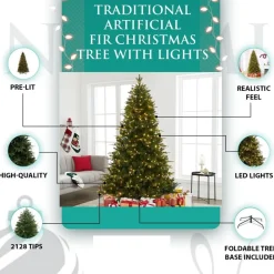 Pre-Lit Christmas Trees*The Holiday Aisle Traditional Prelit Artificial Christmas Tree With Warm Lights And Metal Stand, Wide Realistic Tree
