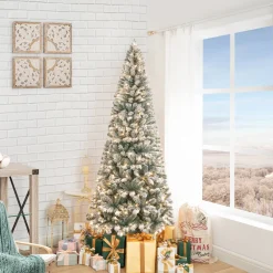 Pre-Lit Christmas Trees*The Holiday Aisle White Snow Flocked Warm Lighted Christmas Tree, Frosted Prelit Artificial Christmas Tree With Stand