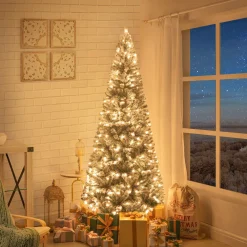 Pre-Lit Christmas Trees*The Holiday Aisle White Snow Flocked Warm Lighted Christmas Tree, Frosted Prelit Artificial Christmas Tree With Stand