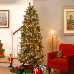 Pre-Lit Christmas Trees*The Holiday Aisle Wintry Pine 7' Slender Green Flocked/Frosted Christmas Tree With 300 Lights